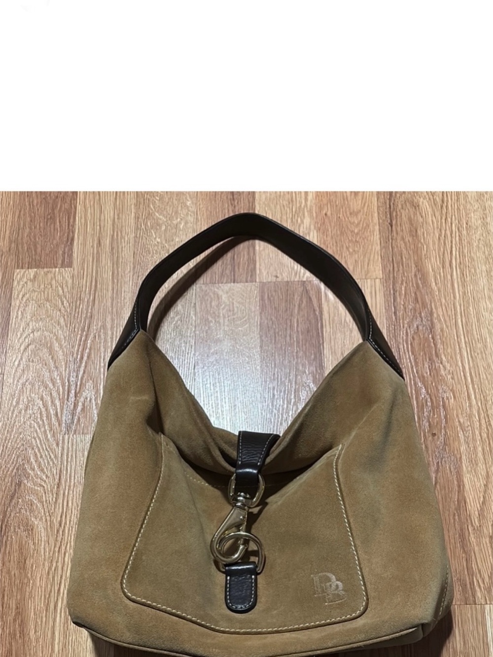 Dooney and Bourke Suede Hobo Bag in Tan with Brown Trim and Dog Bone Closure